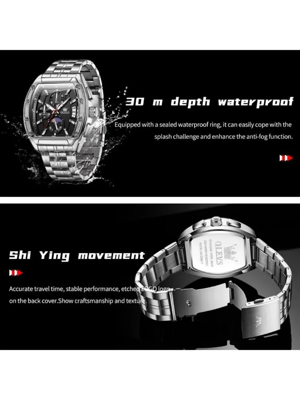Men's Silver Chronograph Rectangle Stainless Steel Luminous Quartz Classic Watch